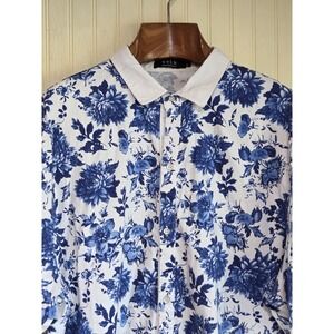SSLR Shirt Mens 2XL Blue White Floral Print‎ Short Sleeve Button Down Stretch